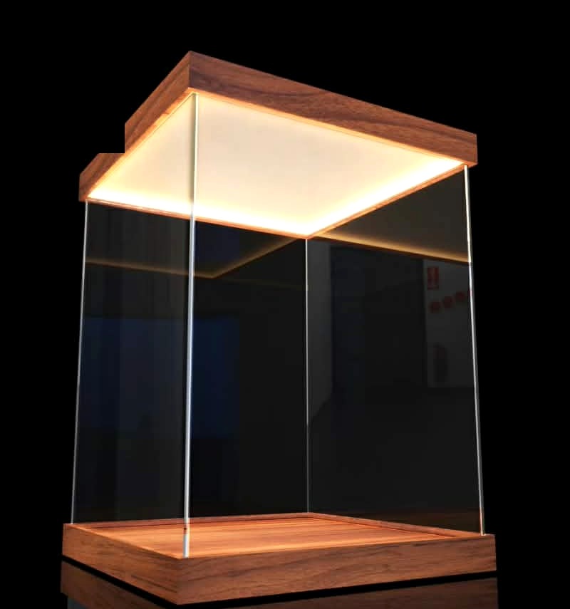 Illuminated clear collectible display case with walnut base and top